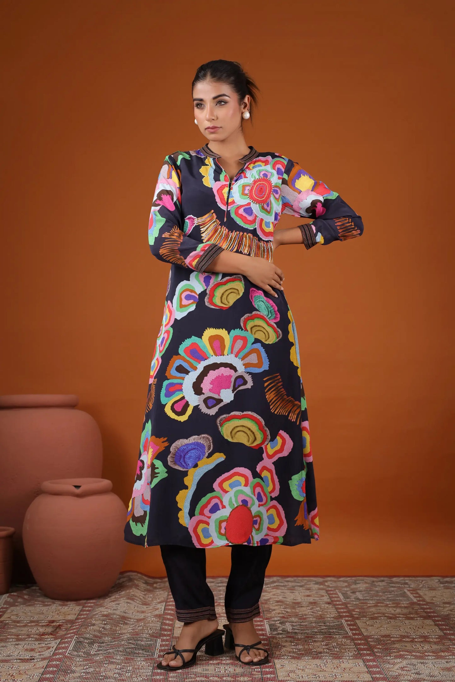Abstract Floral Print Straight Kurti with Pant