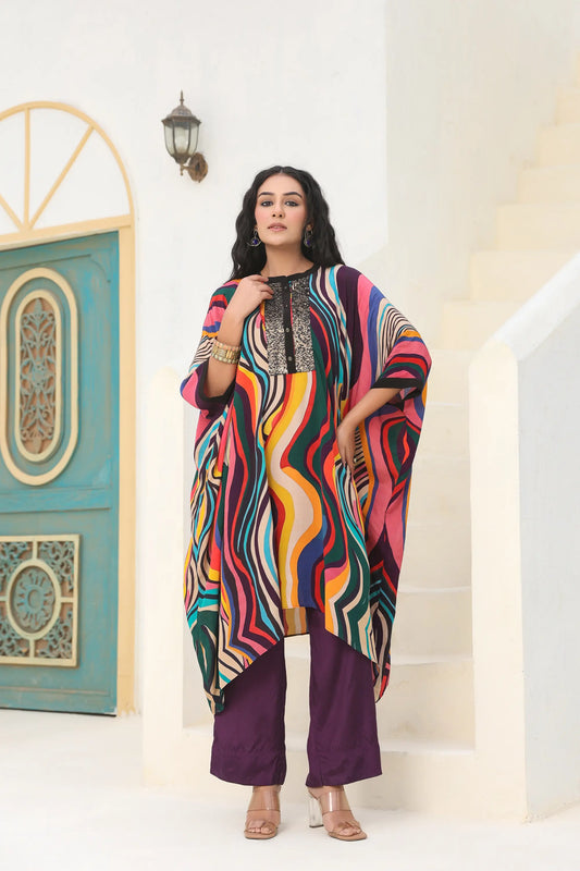 Abstract Print Kaftan With Sequins Embellish Neck