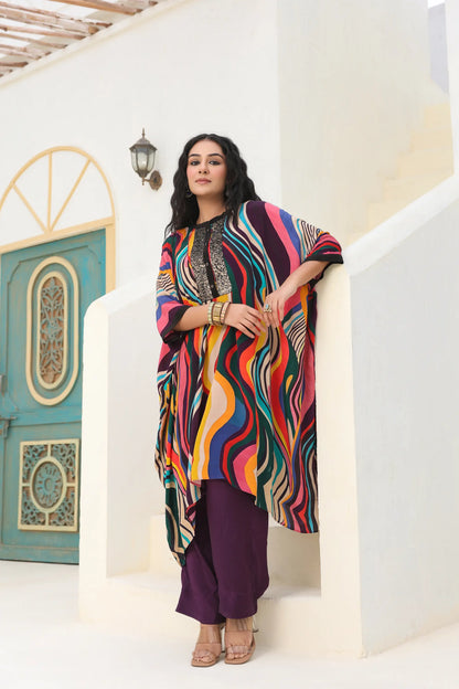 Abstract Print Kaftan With Sequins Embellish Neck