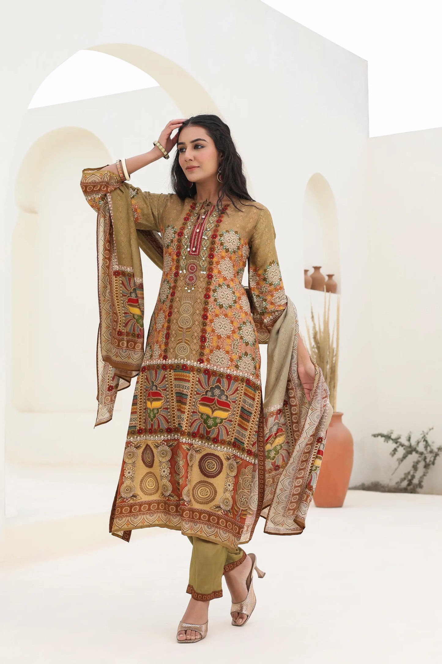 Traditional Print Straight Kurti with Pant and Printed Dupatta