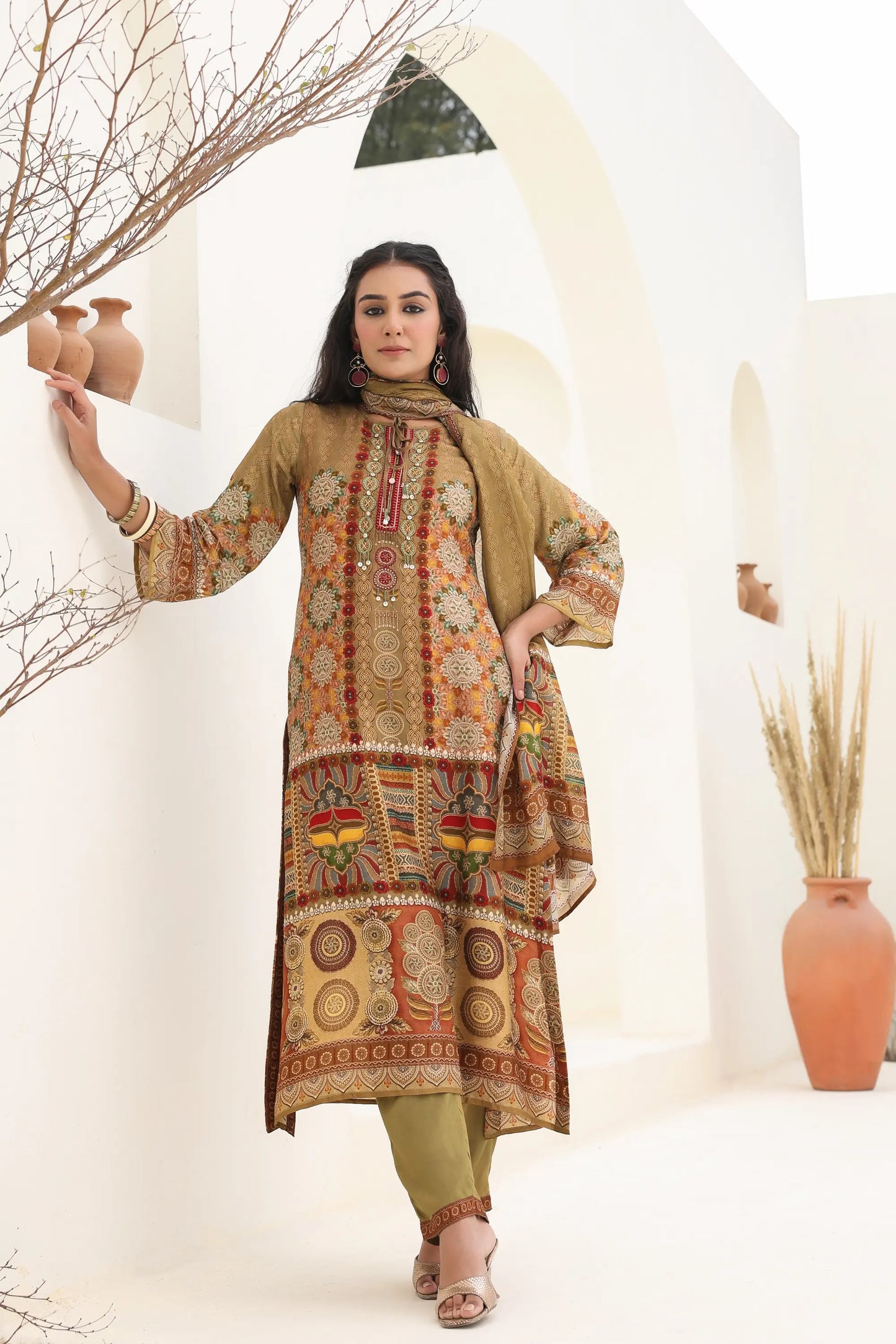 Traditional Print Straight Kurti with Pant and Printed Dupatta