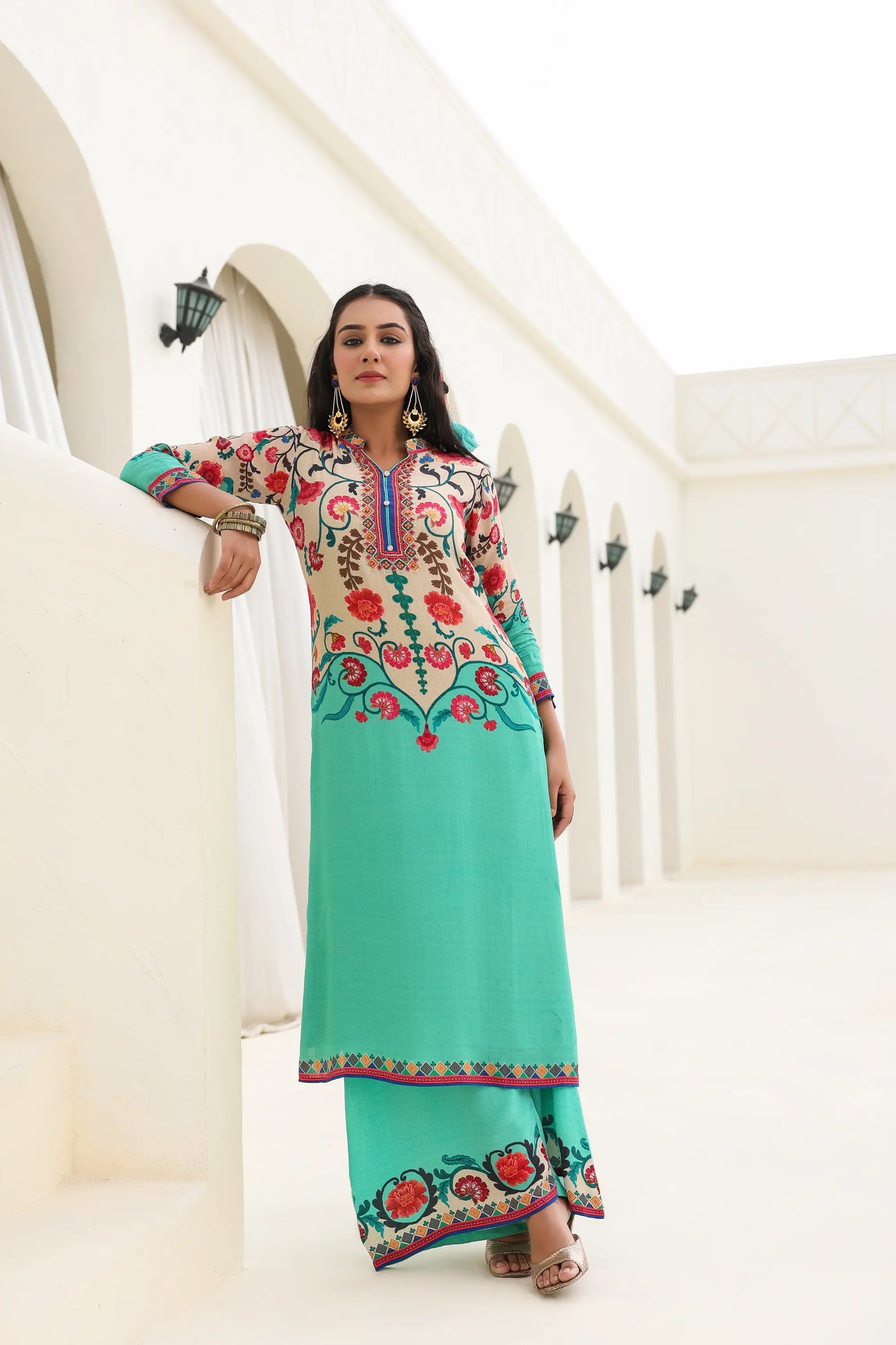 Traditional Print Straight Kurti with Pant