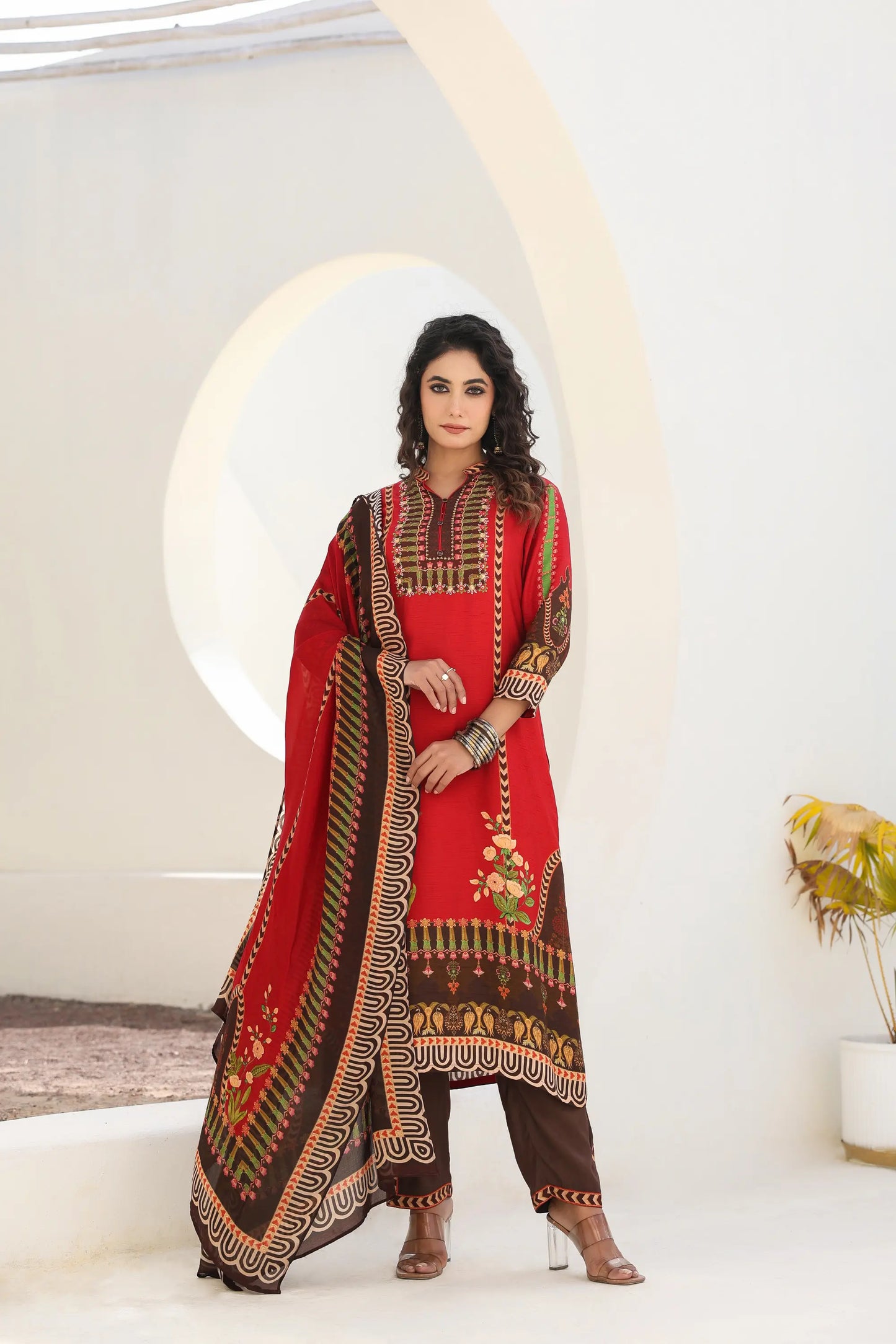 Traditional Print Straight Kurti with Pant and Printed Dupatta