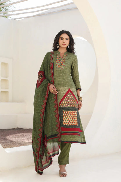 Traditional Print Straight Kurti with Pant and Printed Dupatta