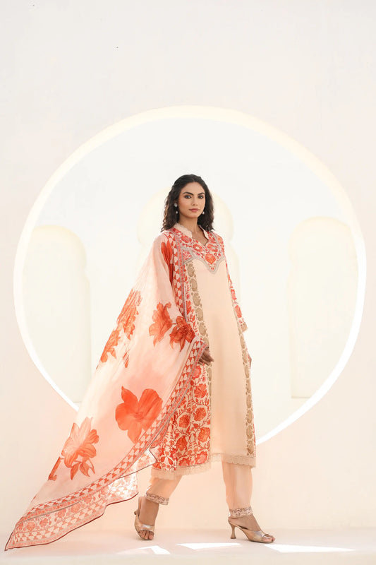Floral Print Straight Kurti with Pant and Printed Dupatta