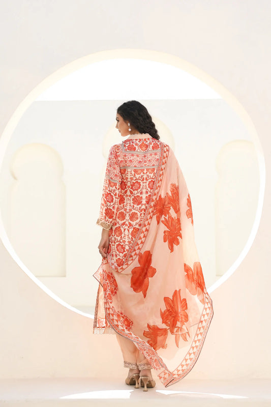 Floral Print Straight Kurti with Pant and Printed Dupatta