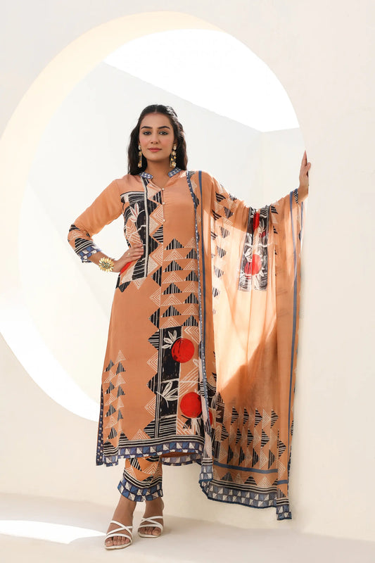 Abstract Print Straight Kurti with Pant and Printed Dupatta