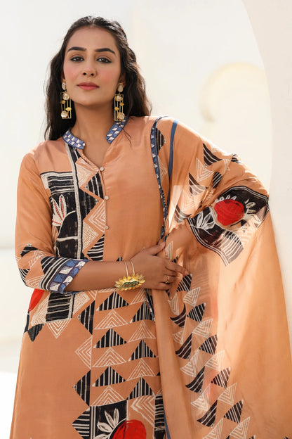 Abstract Print Straight Kurti with Pant and Printed Dupatta