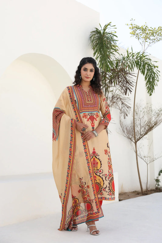 Traditional Print Straight Kurti with Pant and Printed Dupatta
