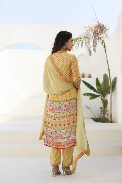 Traditional Print Straight Kurti with Pant and Printed Dupatta