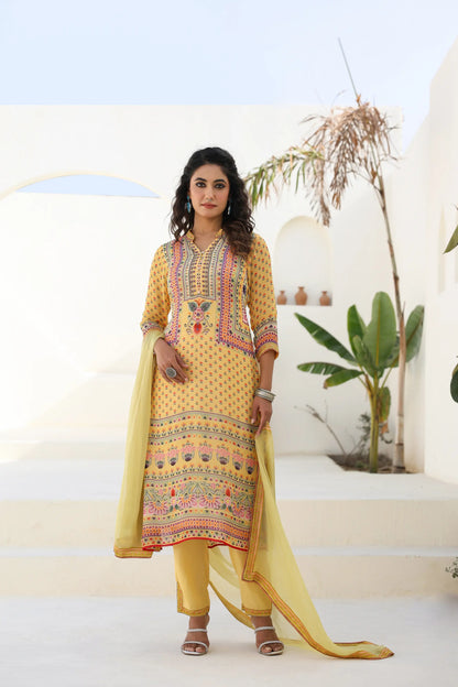 Traditional Print Straight Kurti with Pant and Printed Dupatta
