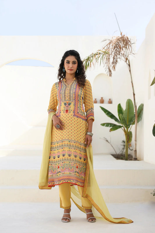 Traditional Print Straight Kurti with Pant and Printed Dupatta