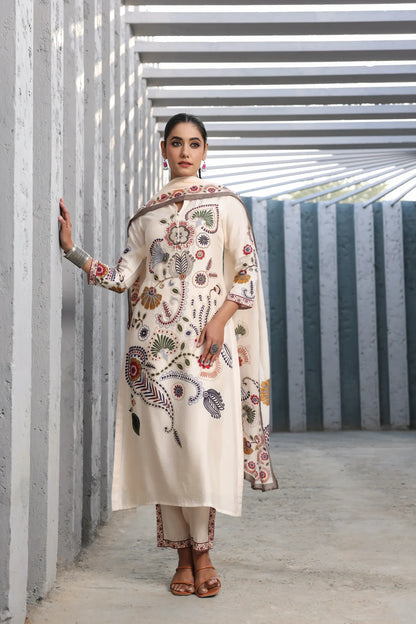 Applique Print Straight Kurti with Pant and Printed Dupatta
