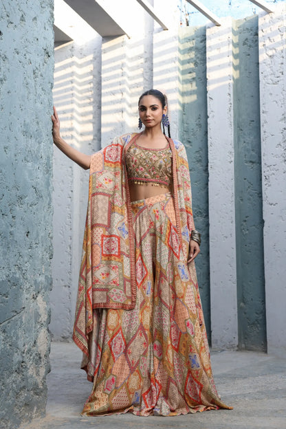 Traditional Abstract Print Flare Divider Pant with Embroidered Blouse And Printed Jacket