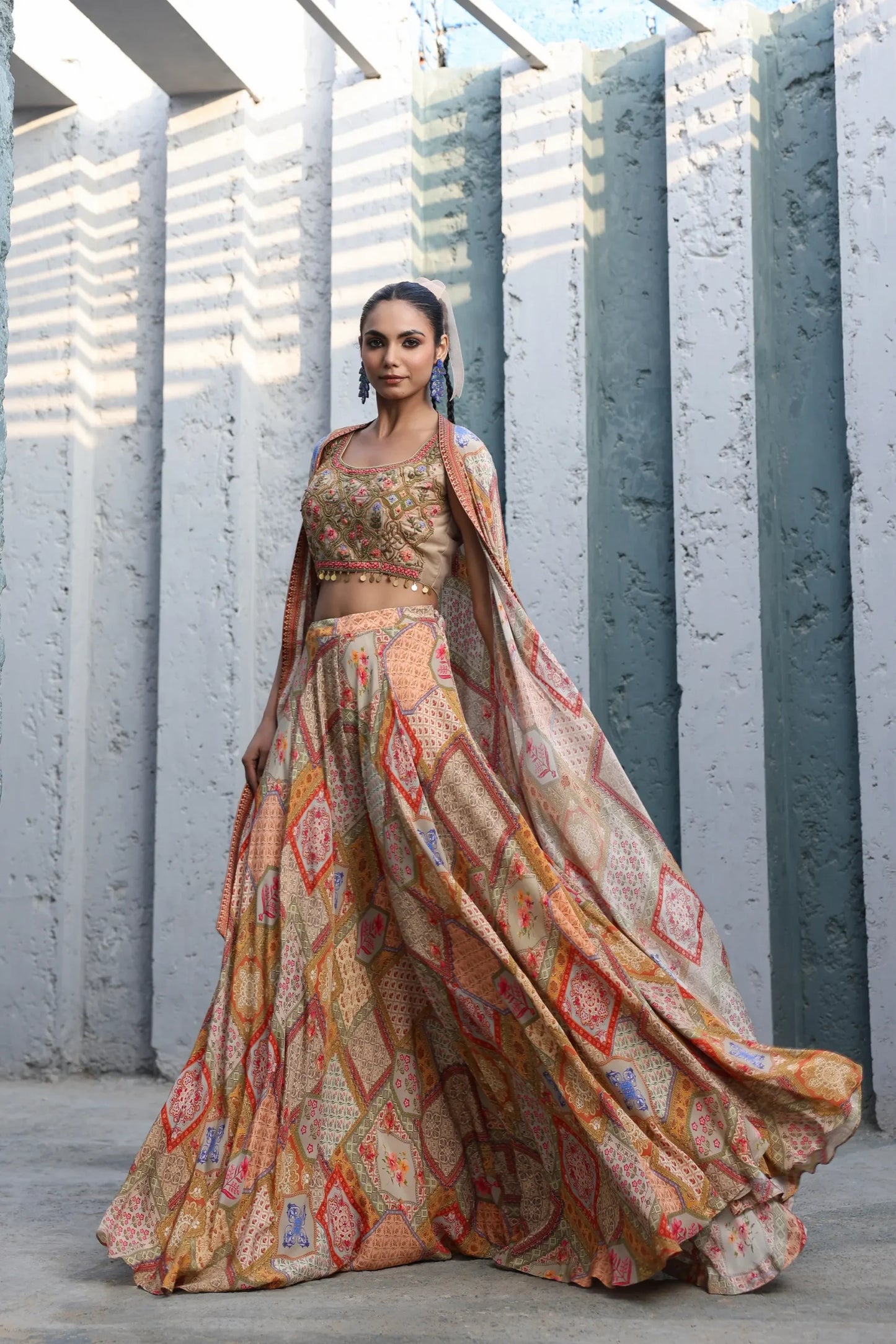 Traditional Abstract Print Flare Divider Pant with Embroidered Blouse And Printed Jacket
