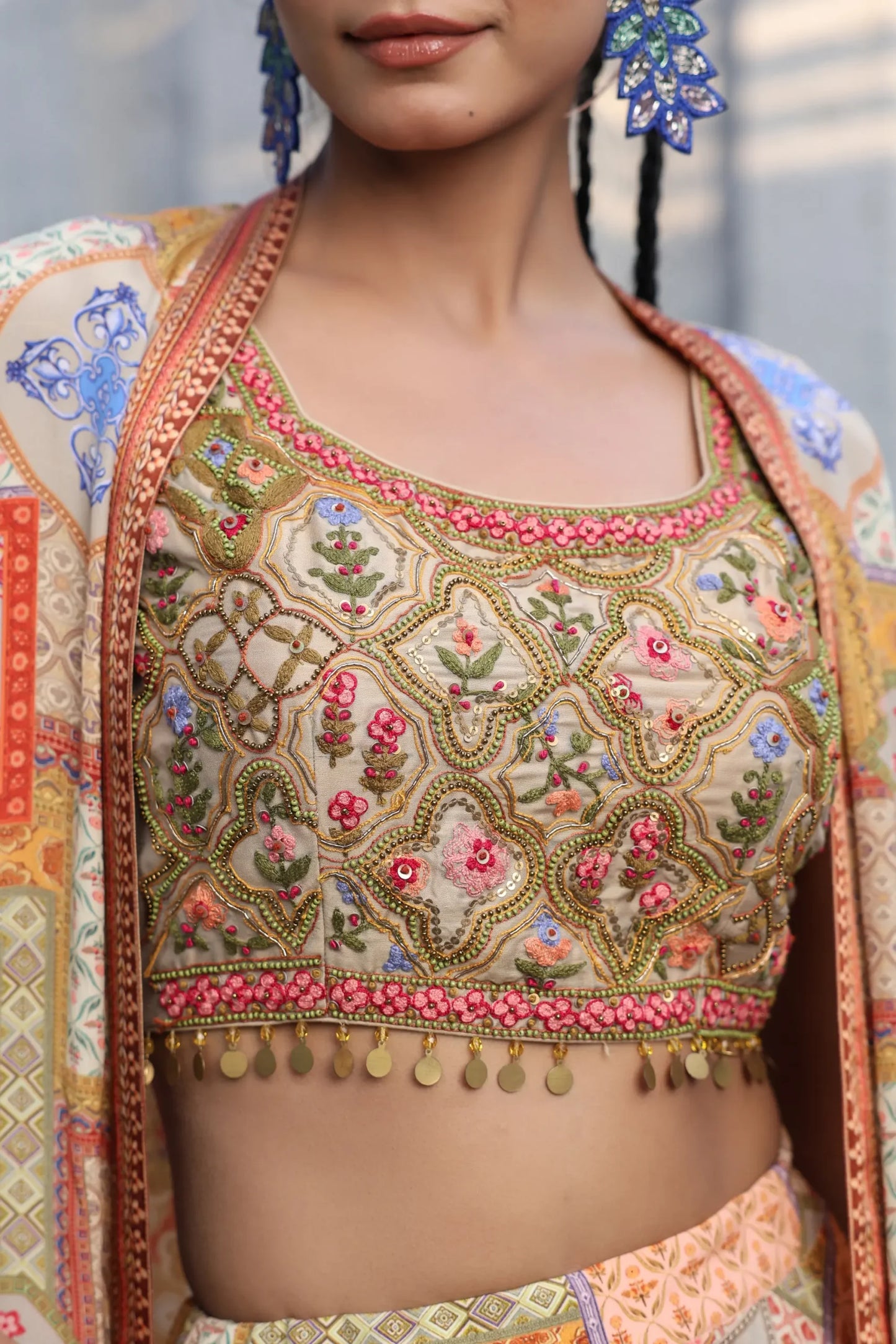 Traditional Abstract Print Flare Divider Pant with Embroidered Blouse And Printed Jacket