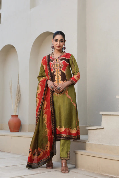 Traditional Print Straight Kurti with Pant and Printed Dupatta