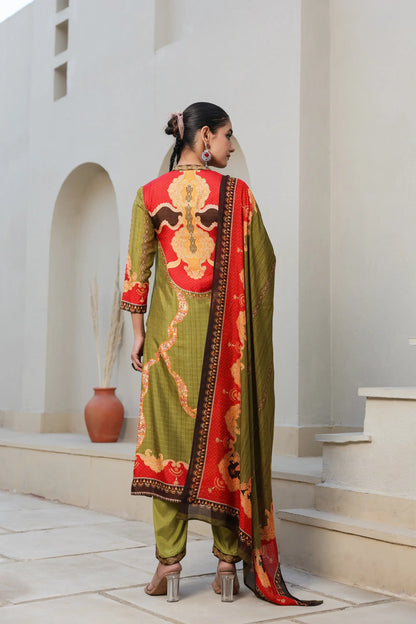 Traditional Print Straight Kurti with Pant and Printed Dupatta