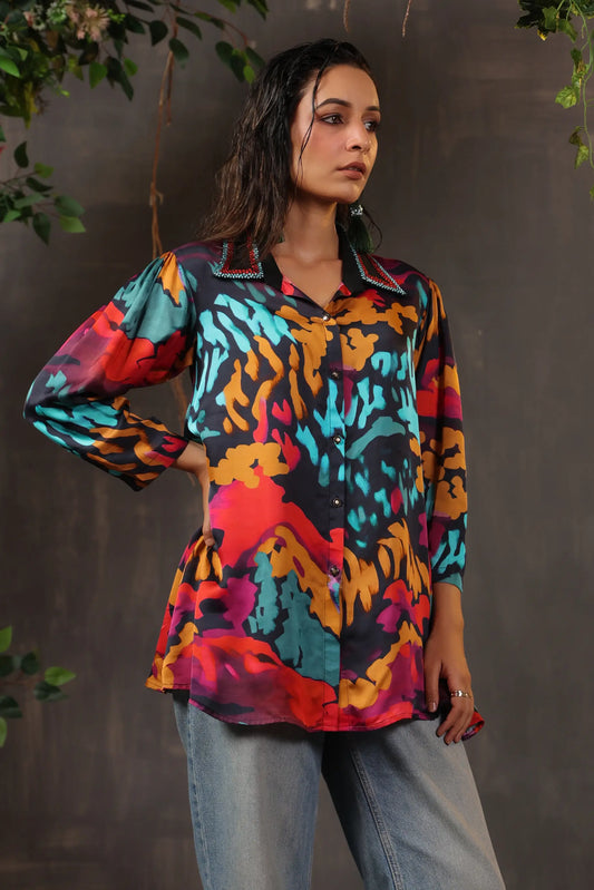 Printed Short Top with Light Embellish on Collar