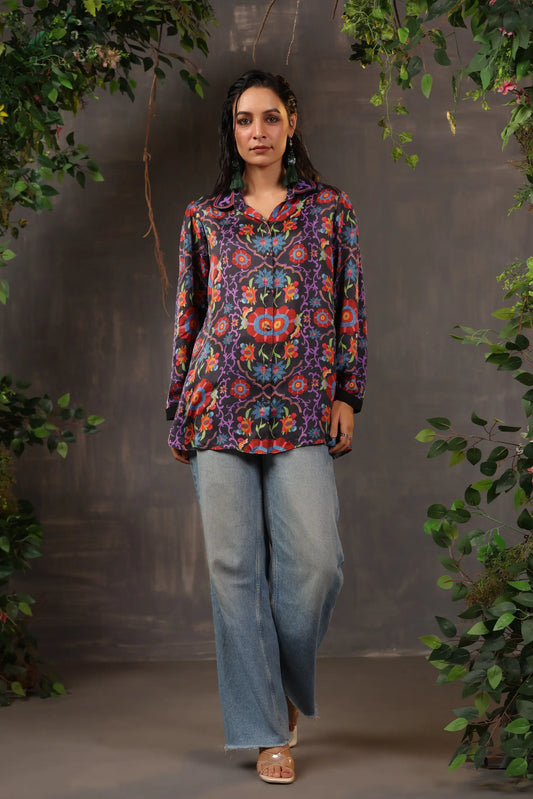Printed Short Top with Light Embellish on Collar