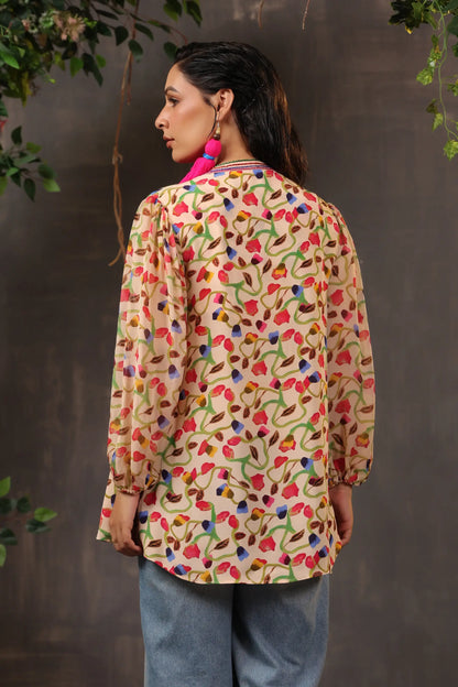 Printed Short Top with Light Embellish on Collar