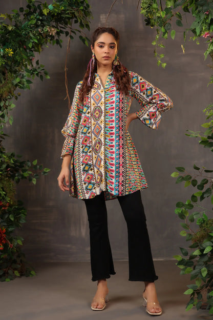 Printed Short Top with Light Embellish on Collar