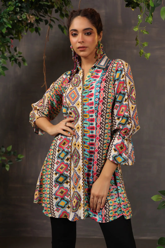 Printed Short Top with Light Embellish on Collar