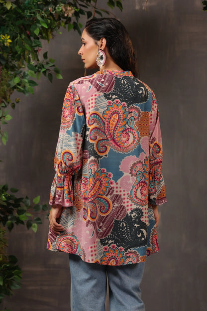 Printed Short Top with Light Embellish on Collar