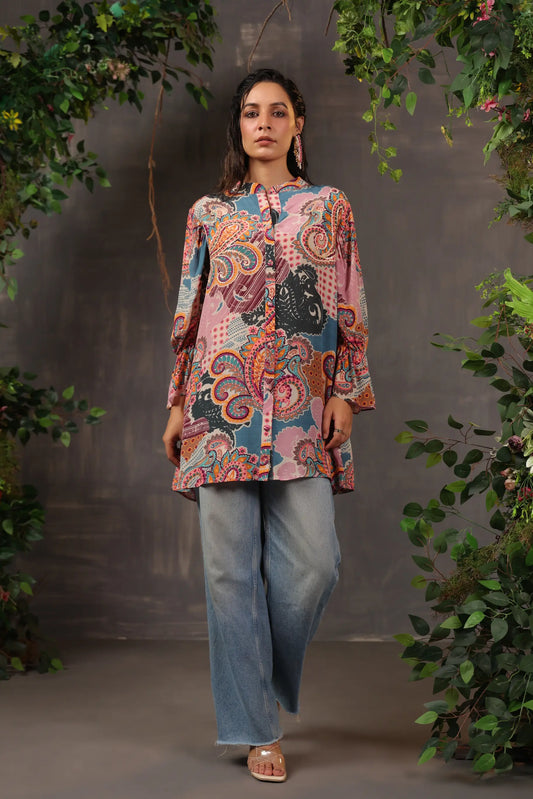 Printed Short Top with Light Embellish on Collar