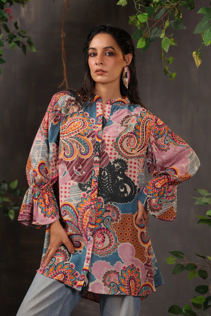 Printed Short Top with Light Embellish on Collar