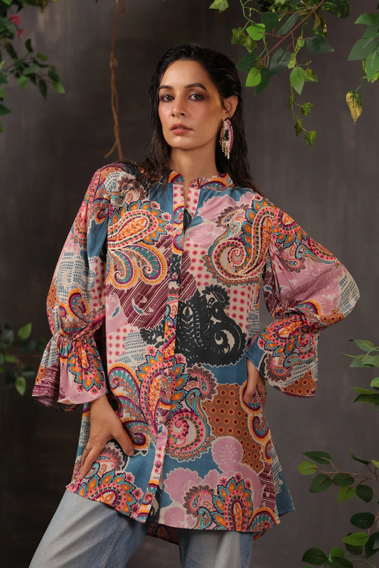 Printed Short Top with Light Embellish on Collar