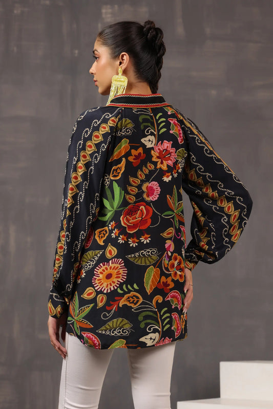 Printed Short Top with Light Embellish on Collar