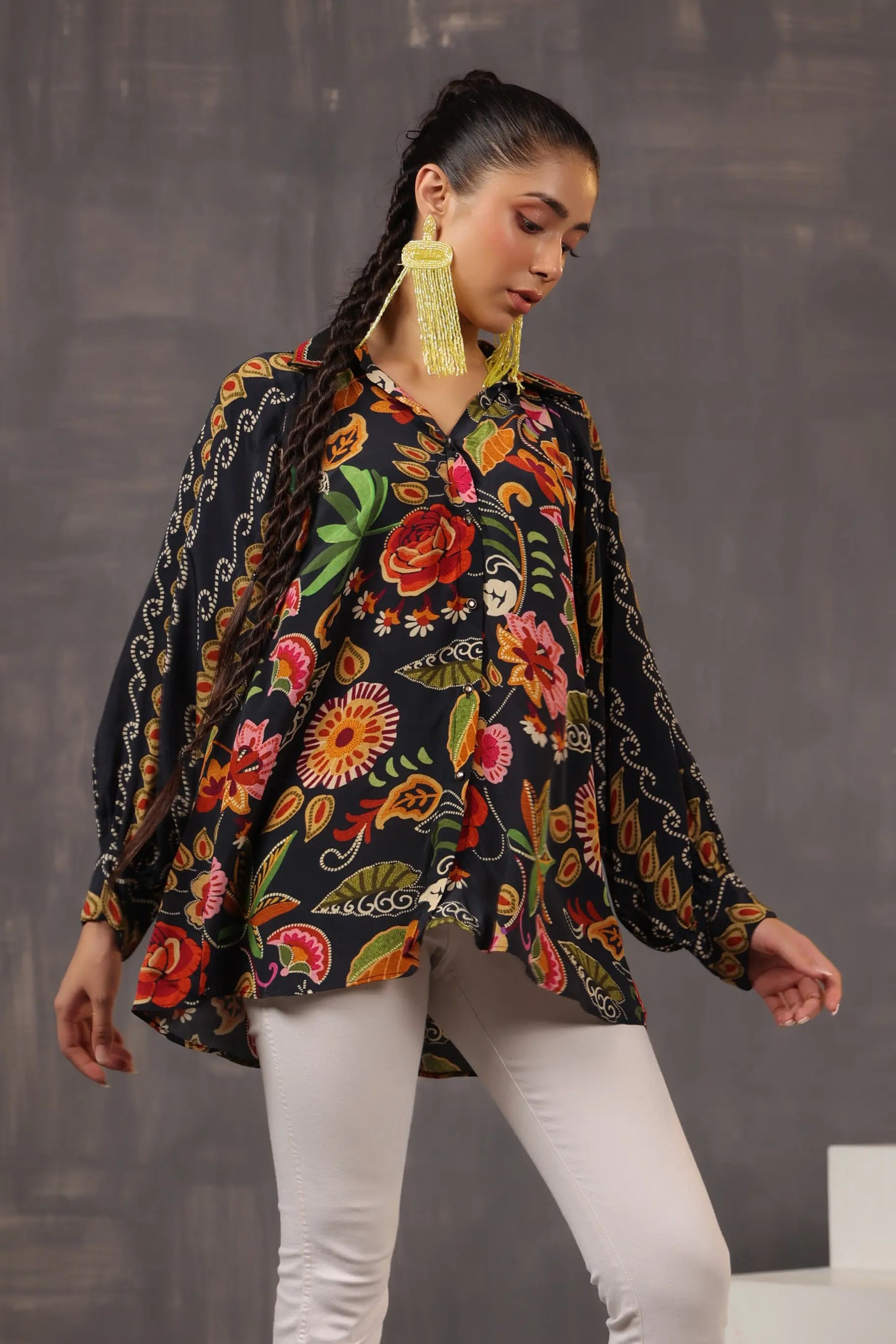 Printed Short Top with Light Embellish on Collar