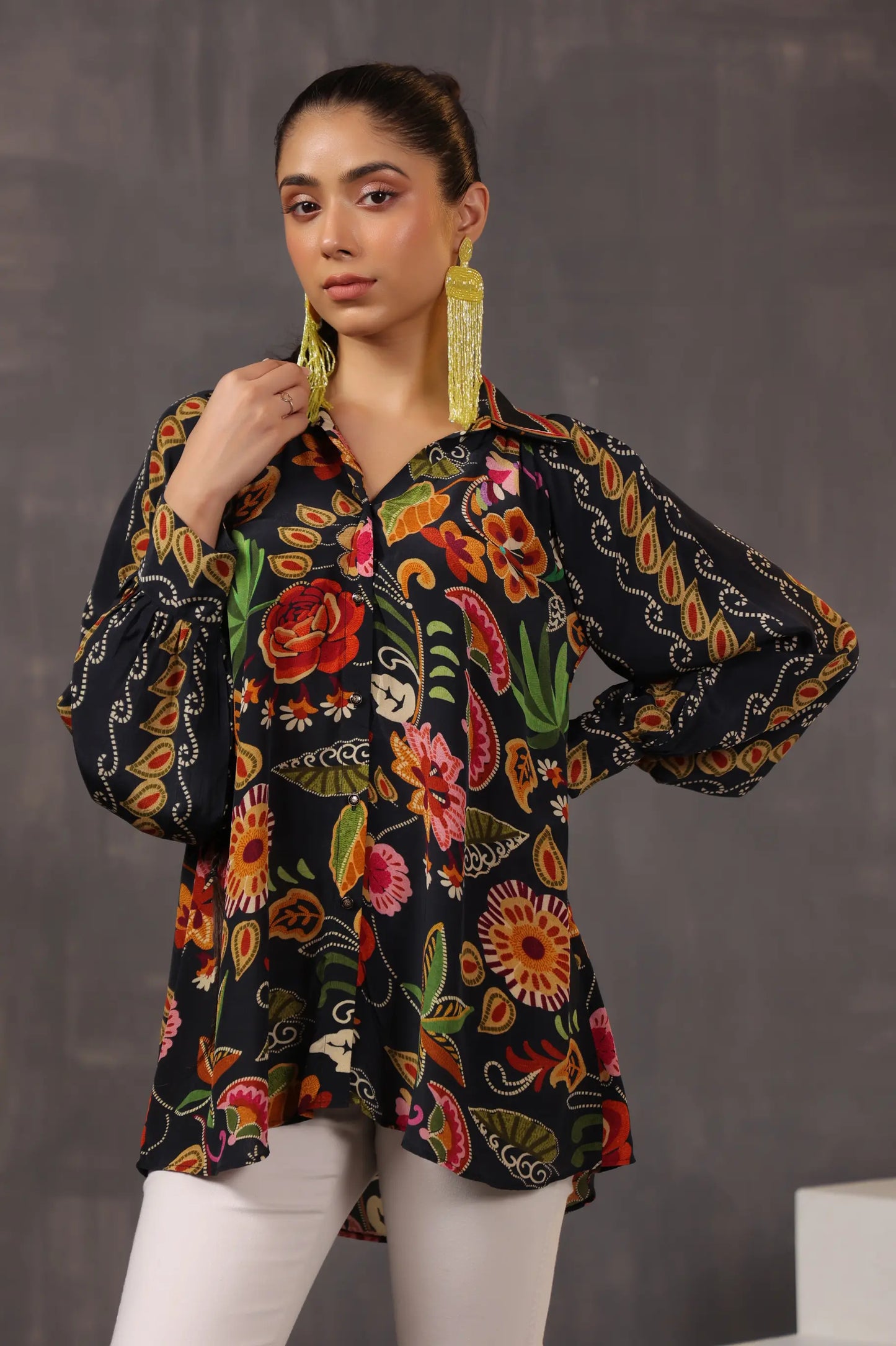 Printed Short Top with Light Embellish on Collar