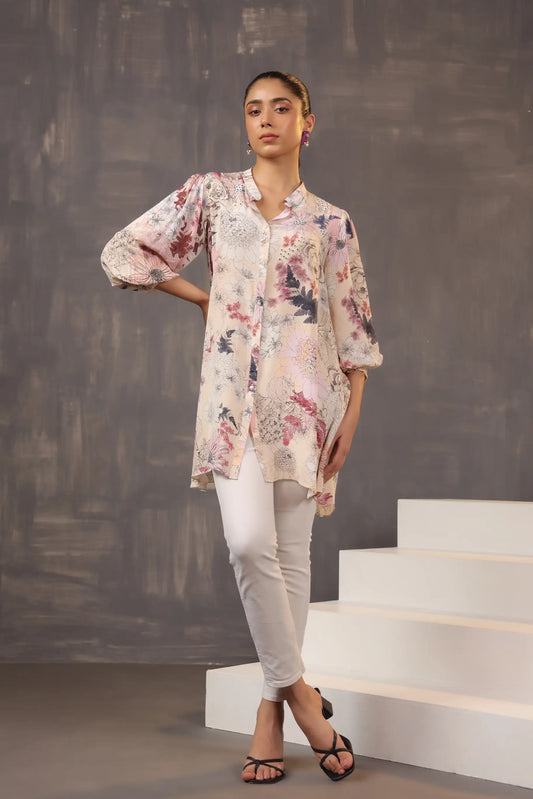 Printed Short Top with Light Embellish on Collar