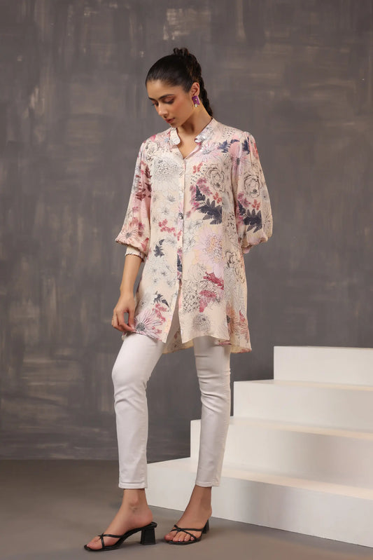 Printed Short Top with Light Embellish on Collar