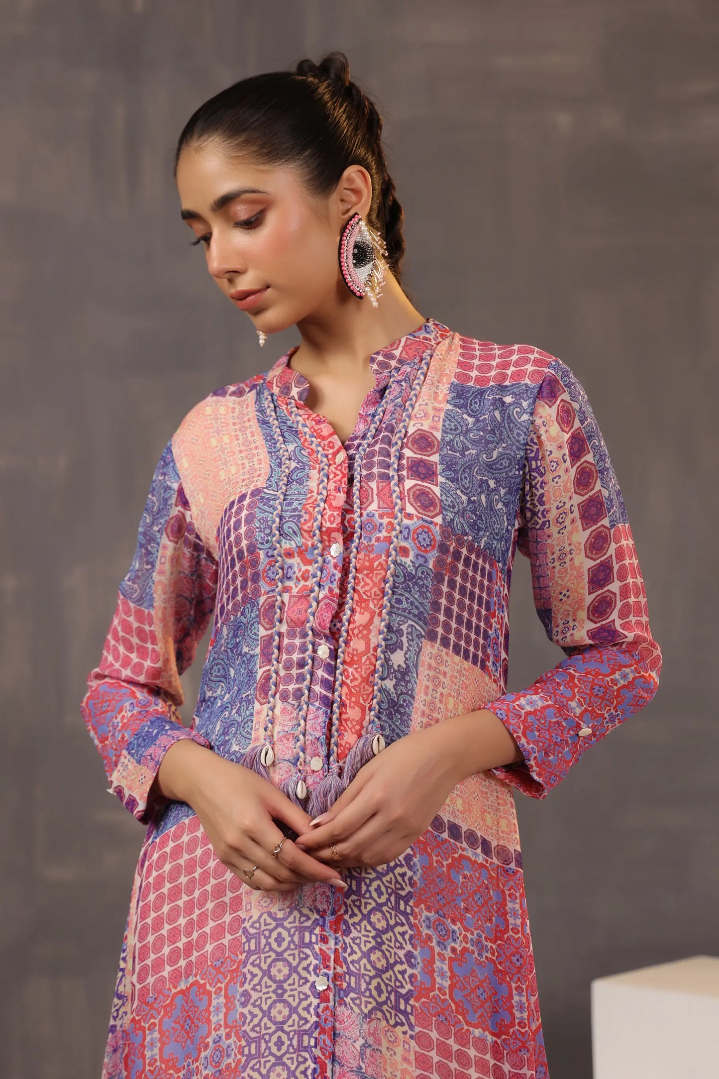 Abstract Print Knee Length Dress with light Embellish