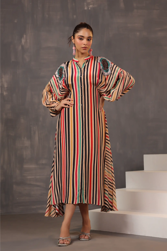 Stripe Printed Dress with Hand Embroidery on Shoulders