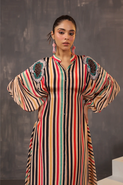 Stripe Printed Dress with Hand Embroidery on Shoulders