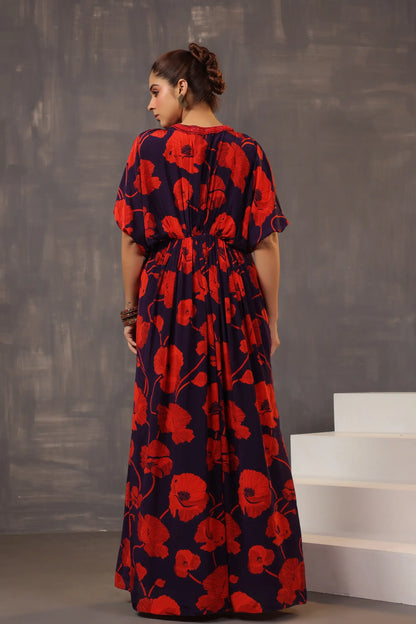 Full Length Floral Printed Dress with Neck Embellish