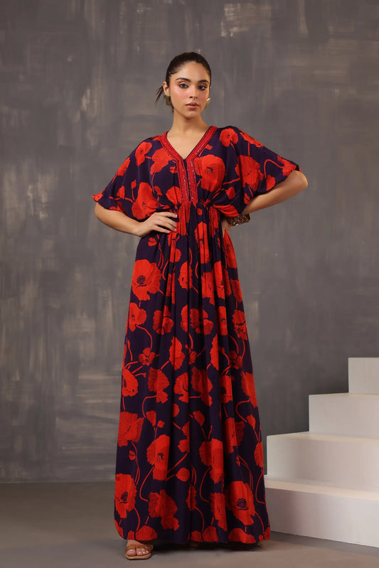 Full Length Floral Printed Dress with Neck Embellish