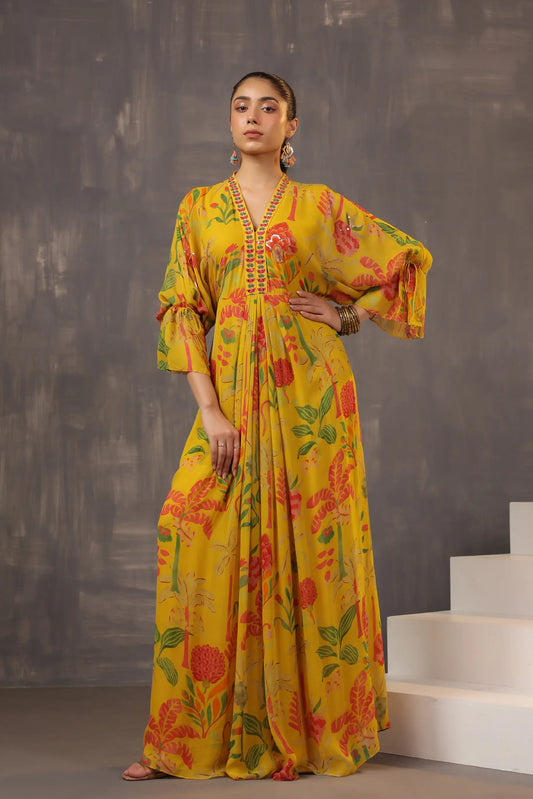 Full Length Floral Printed Dress with Neck Embellish