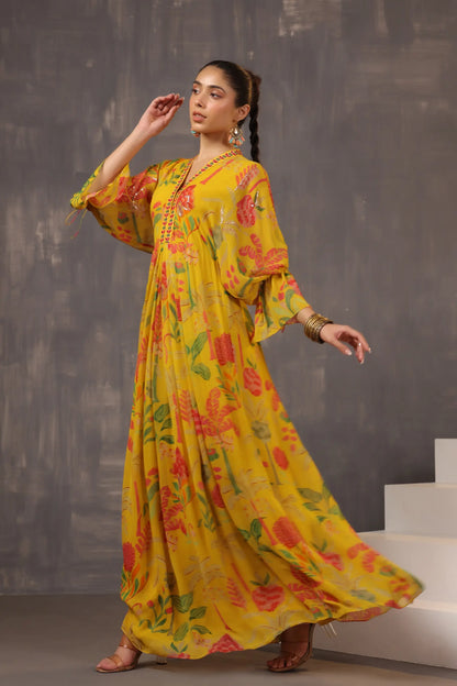 Full Length Floral Printed Dress with Neck Embellish