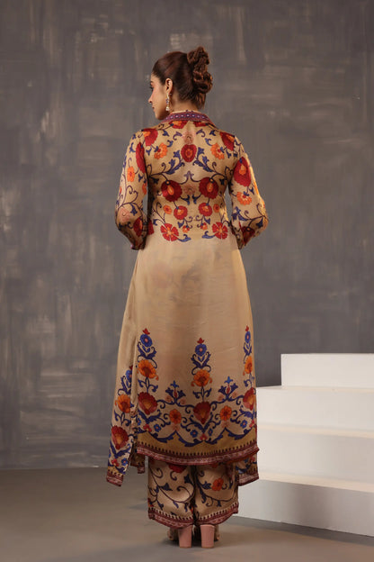 Aysymettrical Traditional Kurta Pant with Yok Embelliseh