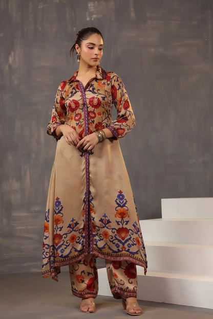 Aysymettrical Traditional Kurta Pant with Yok Embelliseh