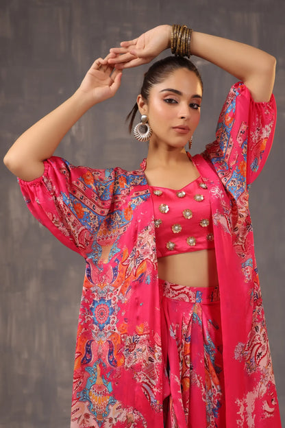Printed Dhoti Pant with Printed Jacket and heavy Blouse