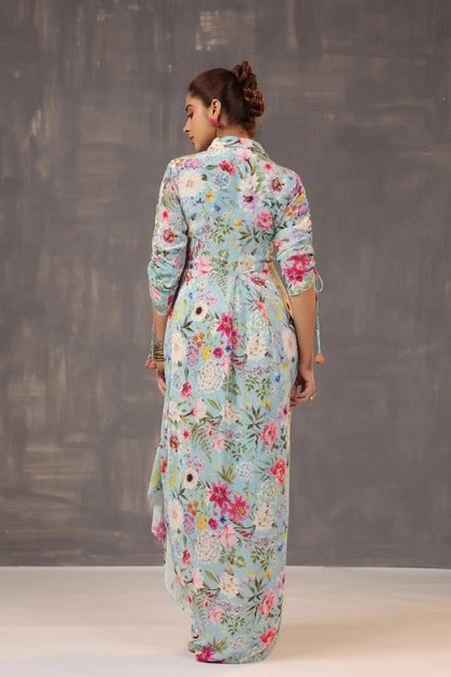 Drape Dhoti Printed Dress with 3D Flowers Embellish