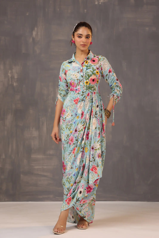 Drape Dhoti Printed Dress with 3D Flowers Embellish