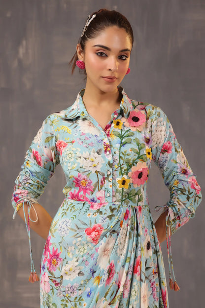 Drape Dhoti Printed Dress with 3D Flowers Embellish