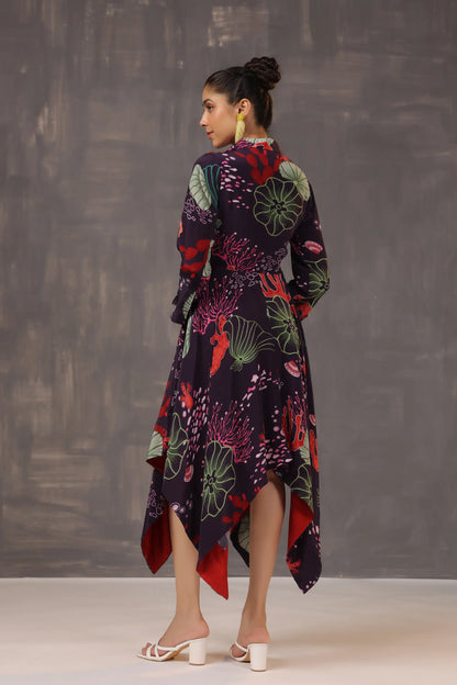 Aysymettrical Coral Dress with 3D Floral Yok Embellisehd